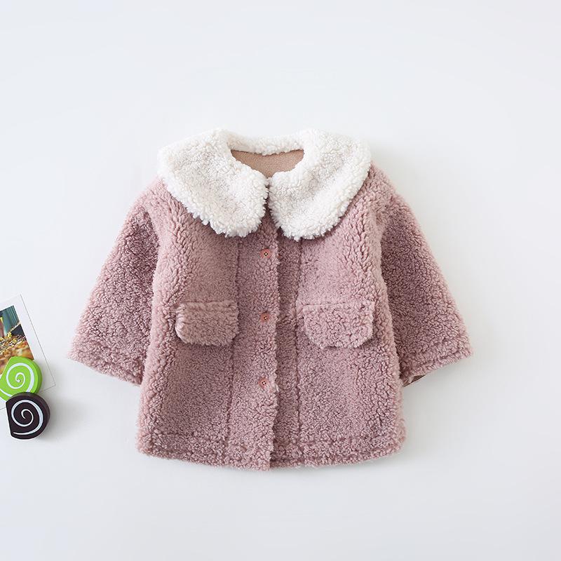 Vinterkoreansk stil pelsfortyket og varm langærmet frakke med stor krave til søde søde babypiger: Lyserød / 24m