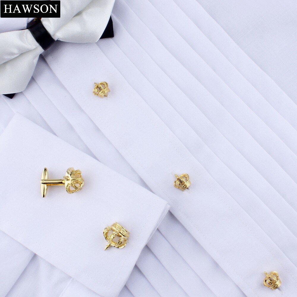 HAWSON, gemelos de corona, conjunto de pendientes con pasantes, puño de Metal dorado, botones de enlaces para camisa de esmoquin para padrinos de boda, joyería para camisa