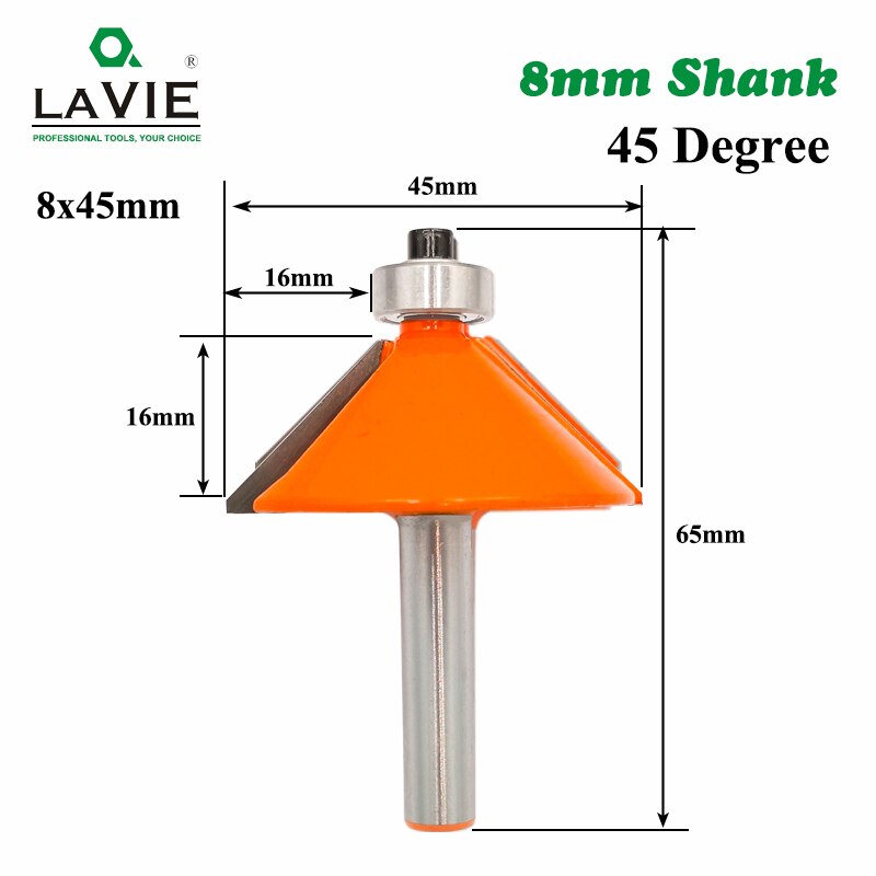 LA VIE 1pc 8mm Shank 45 Degree Chamfer Edge Forming Router Bit Bevel Flush Trim Bit Woodworking Milling Cutter Bits MC02021