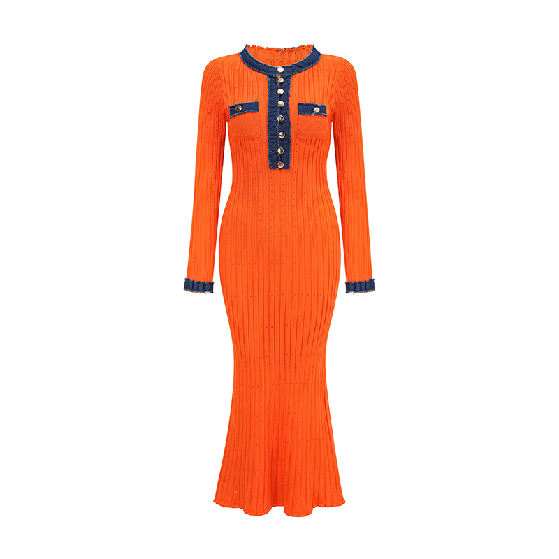 Ribbet strikket sweaterkjole sort hvid blå langærmet strikket kjole vinter bodycon lange sweaterkjoler til kvinder: Orange