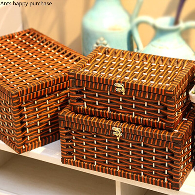 Rattan Weaving Storage Box with Lid Household Desktop Debris Storage Box Living Room Snacks Bedroom Clothing Storages Basket