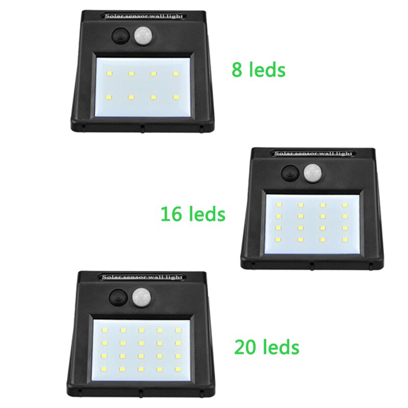 Solpaneldrevet led solcellegadelys vandtæt udendørs væg solcellelampe 8/16/20 led havebelysning med pir bevægelsessensor