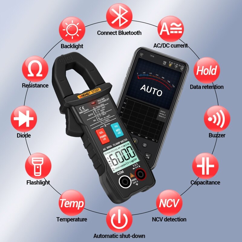 ST207 Digital Bluetooth Bluetooth Clamp Meter 6000 Count DC/AC True RMS Multimeter Hz Capacitance Voltage Tester