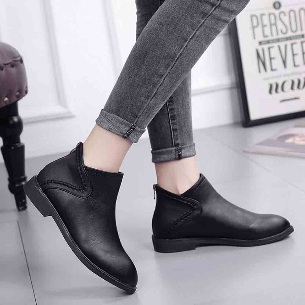 Bottes en cuir PU pour femmes, chaussures quotidiennes à talon carré, fermeture éclair, respirantes, confortables, à bout pointu, rétro, automne