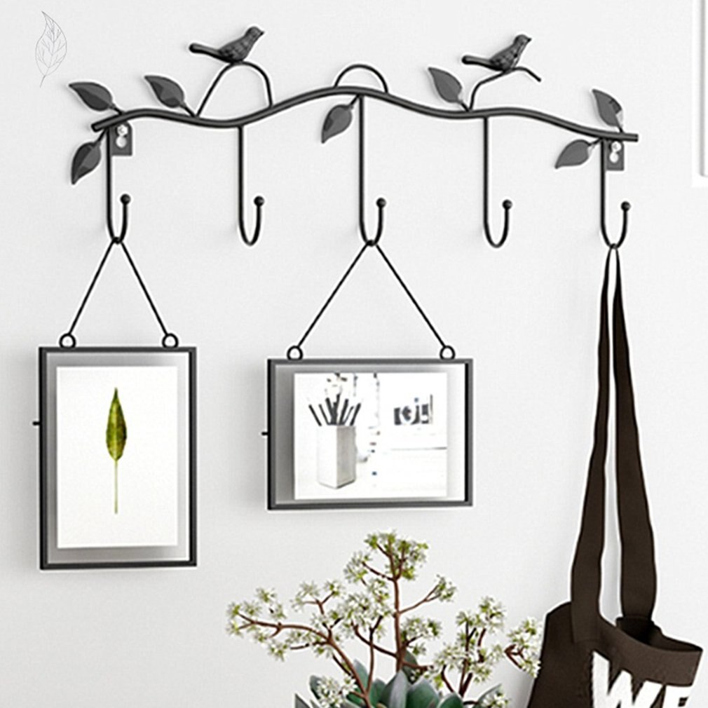 Retro 5 Hook Wrought Iron Bird Hook Hook Bird Shape Leaf Wall Dress Robe Hook Key Coat Holder Cap Hanger: Default Title