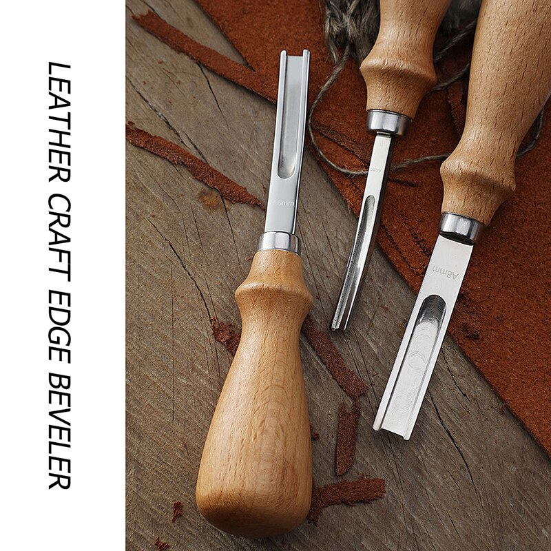 Cuchillo biselador para tallado de cuero, herramienta de corte Manual para cortar bordes, mango de madera, 3 tamaños