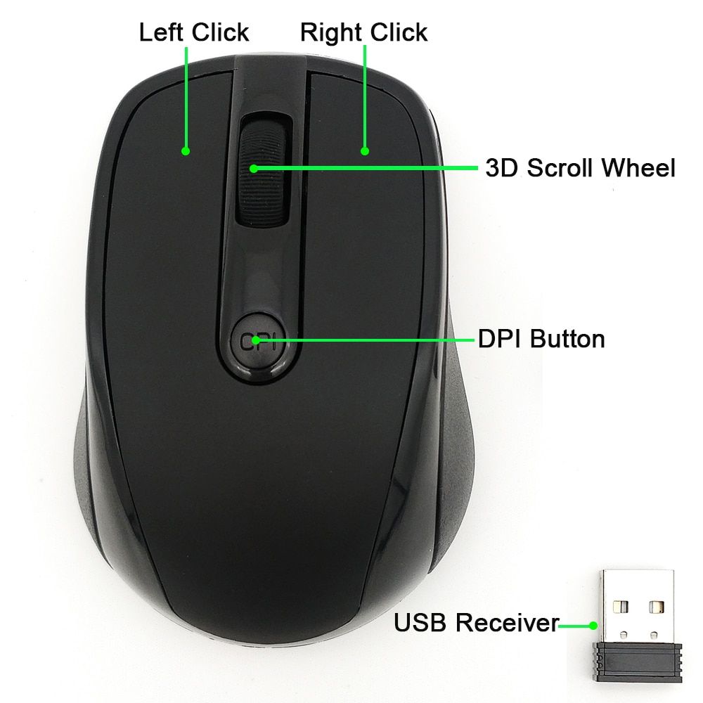 Souris sans fil USB avec récepteur réglable, accessoire informatique optique et ergonomique, 2,4 GHz, pour usage avec PC et laptop, 2000DPI,