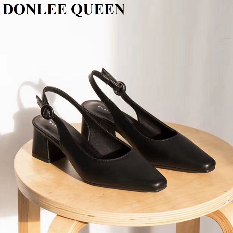 Firkantede høje hæle slingback sandaler kvinder slip på muldyr sko kvinder lavvandede kvindelige pumps til kontor dame arbejdssko