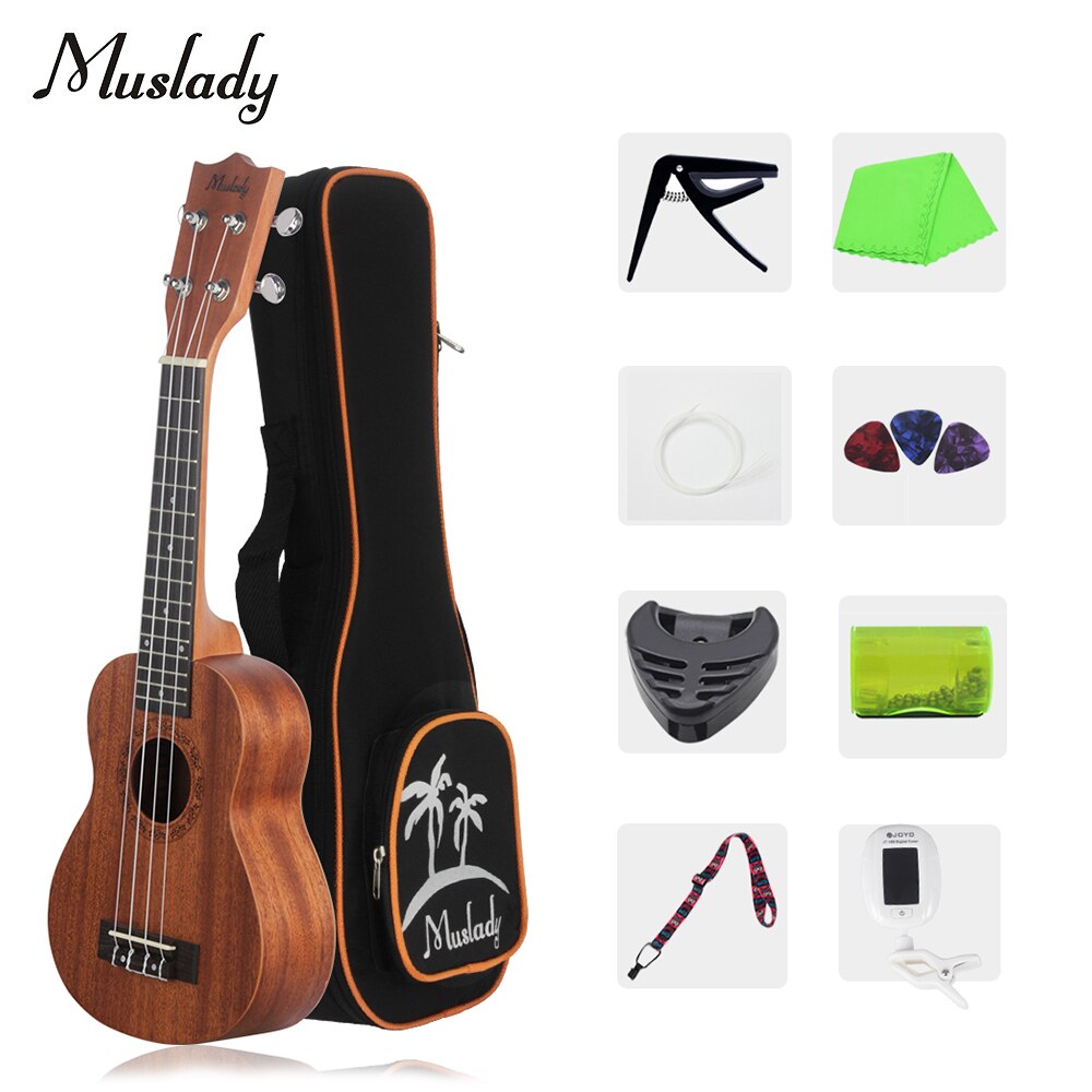 Muslady-Ukelele Soprano de madera de caoba, 21 pulgadas, con bolsa de transporte, sintonizador de cuerdas, púas de celuloide,