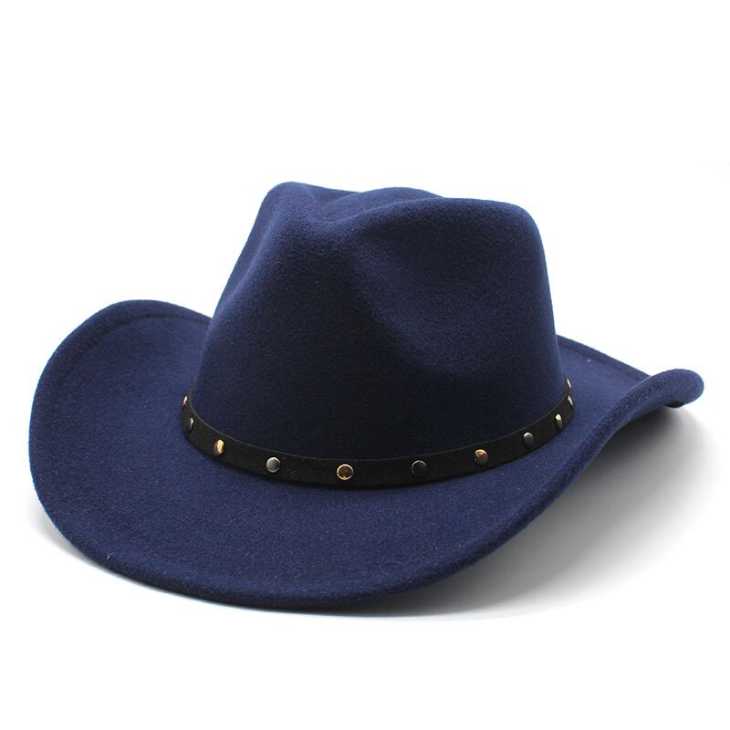 Wool Women Men Western Cowboy Hat Punk belt Gentleman Cowgirl Bowler Cap Jazz Church Cap Sombrero Hombre: Navy