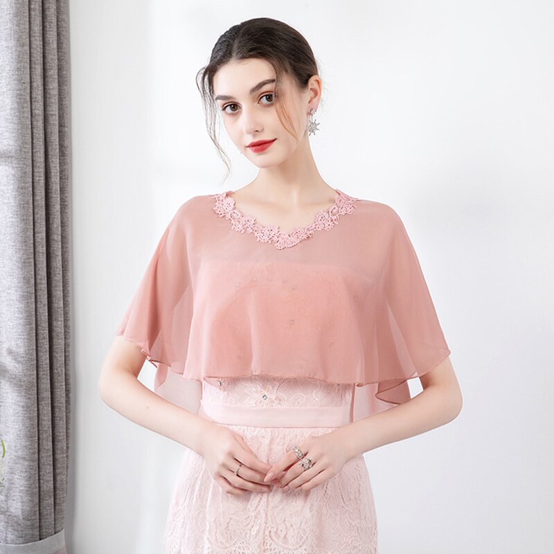 Cape en mousseline de soie pour femmes, châle doux et léger pour mariée, col rond, longue tenue de soirée: Peach Pink