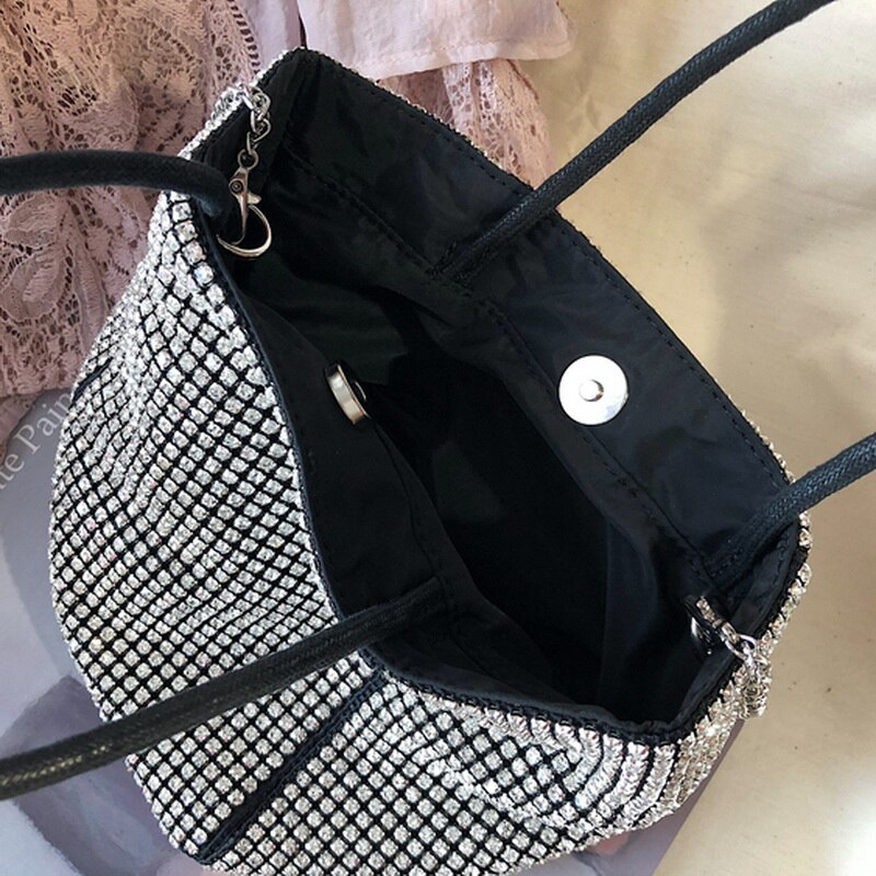 Handtas met strass-steentjes, diagonale ketting, bling, vrouwelijk, modieuze tas, avondtas, feesttas, vol met diamanten, zilveren kralen