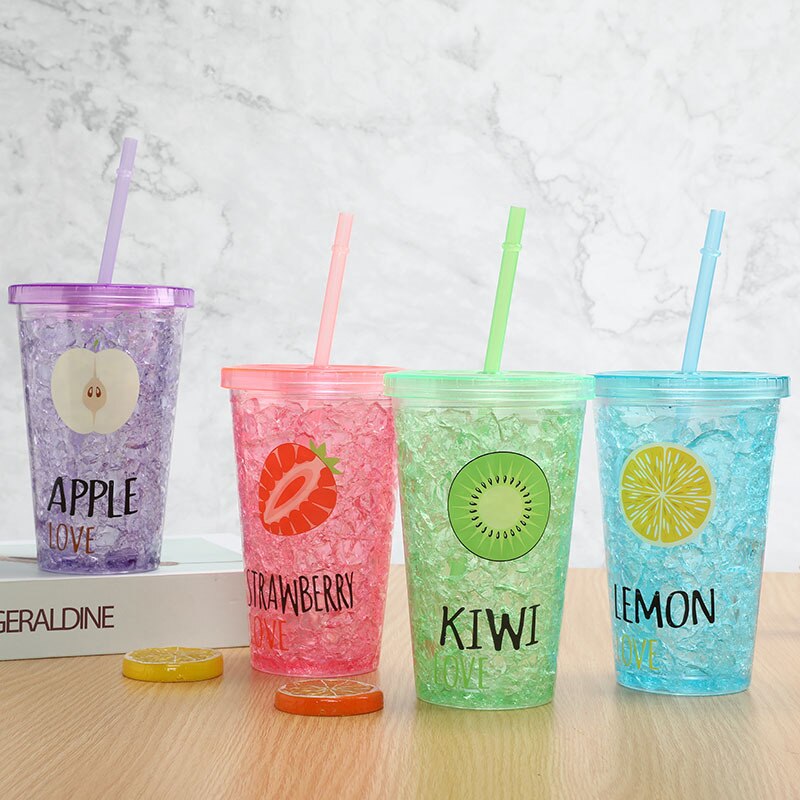 summer ice cool ice Cup cooling broken ice Cup student double-layer straw with lid portable straight water Cup: fruit 1 series