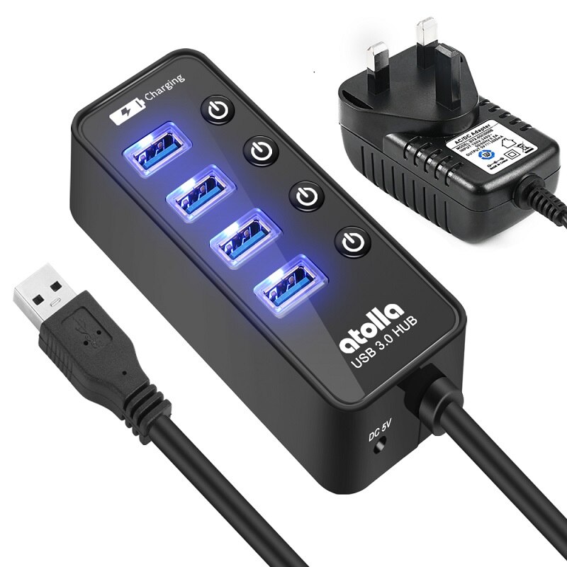 Atolla Usb 3.0 Hub Met Power Adapter, 4 + 1 Data-overdracht En Opladen Multipoort, high-Speed 5Gbps Usb Splitter Voor Macbook Air: 4 port black With UK