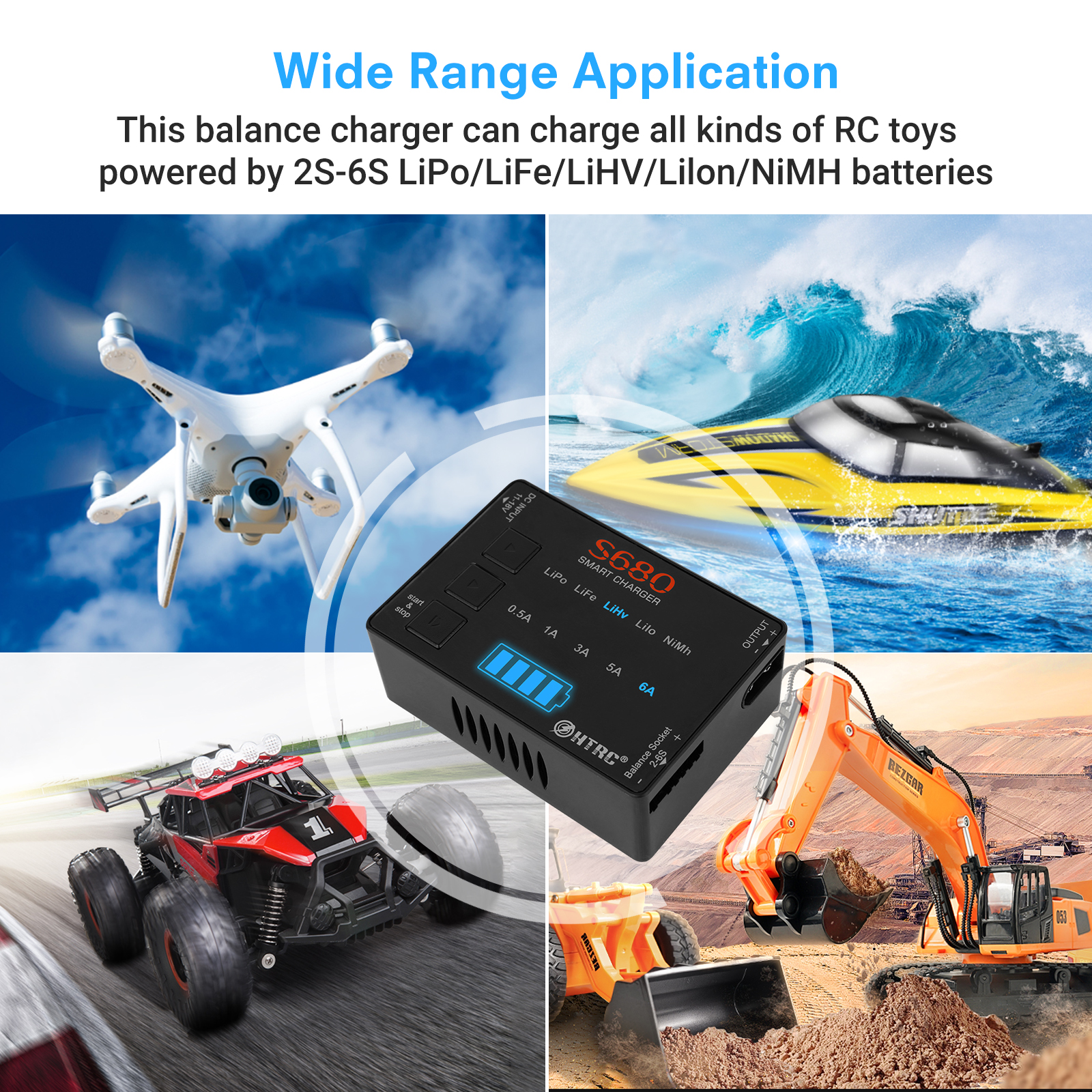 HTRC S680 80W 6A Lipo Charger For 1-6s Lipo/LiFe/LiHv/Lilon/1-15s Nimh Battery AC to DC Mini RC Charger With 15V6A Adapter