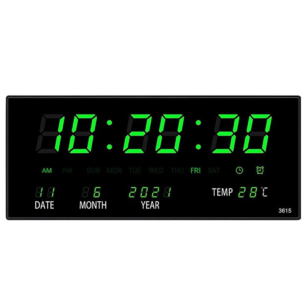 Large Electronic Wall Clock Light Sensing Temperature Date Power Off Memory Table Clock Wall-Mounted Calendar Digital LED Clocks: Green / EU Plug