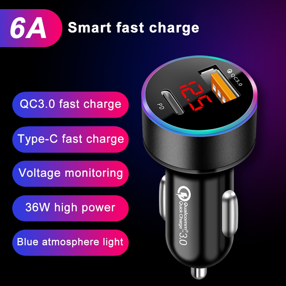 Cargador de coche Universal QC 3,0 PD, salida USB Dual para Huawei P10 Plus Mate 9, Xiaomi Mi5 Mi6 Plus, pantalla Led de voltaje