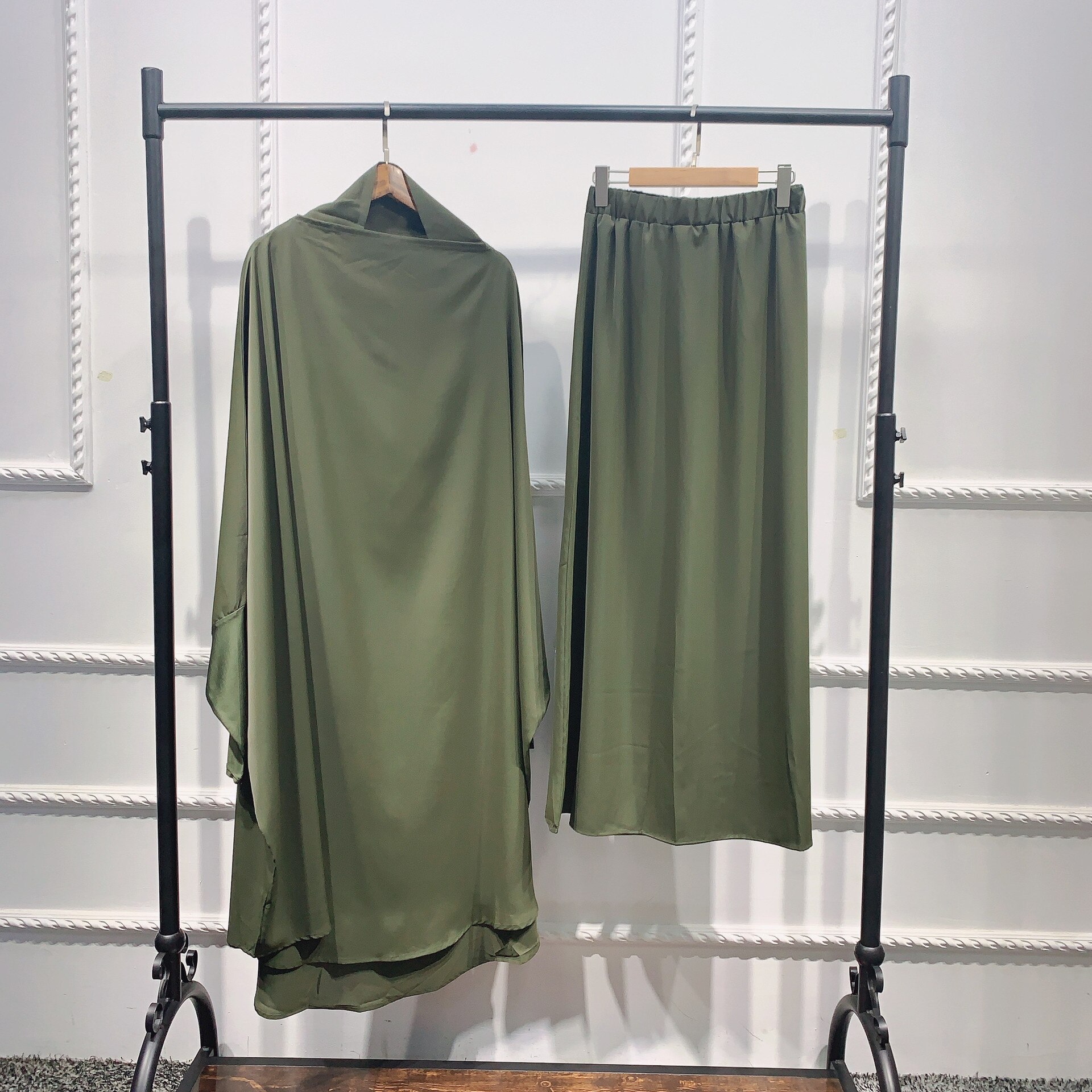 Ramadan Eid Vrouwen Gebed Kledingstuk Moslim Set 2 Stuk Bijpassende Outfit Hooded Khimar Hijab Lange Rok Abaya Jurk Islam saudi: Army green