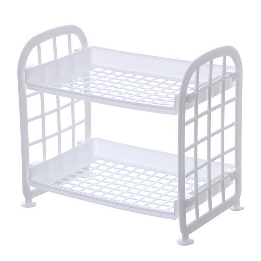 2 Layers Kitchen Bathroom Plastic Square Storage Organizer Shelf Rack Kitchen Shelf Organiser Storage: White