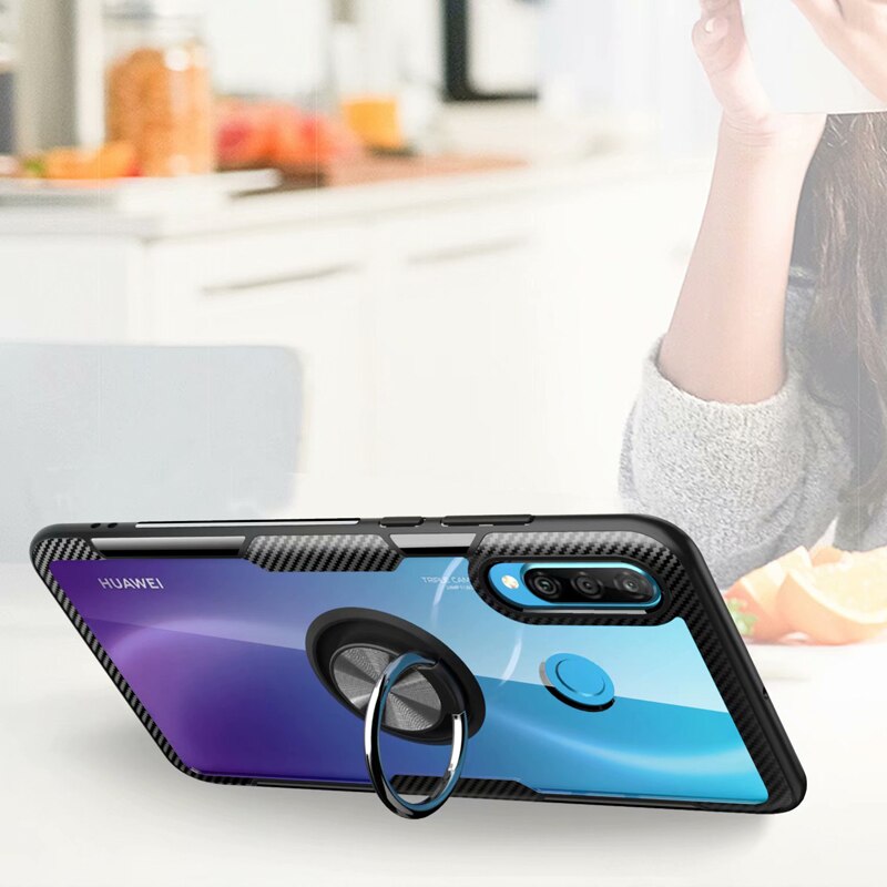 Huawei P30 Lite Case Cover Luxe Transparante PC + Carbon Fiber Volledige Bescherming Ring Magnetisme Shell sFor Huawei P30 Coque funda