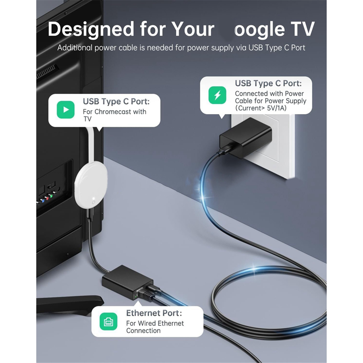 Adaptor ethernet a49t usb-c 2- în -1,  rj45 de rețea 1000 mbps pentru tv, plug and play, gri