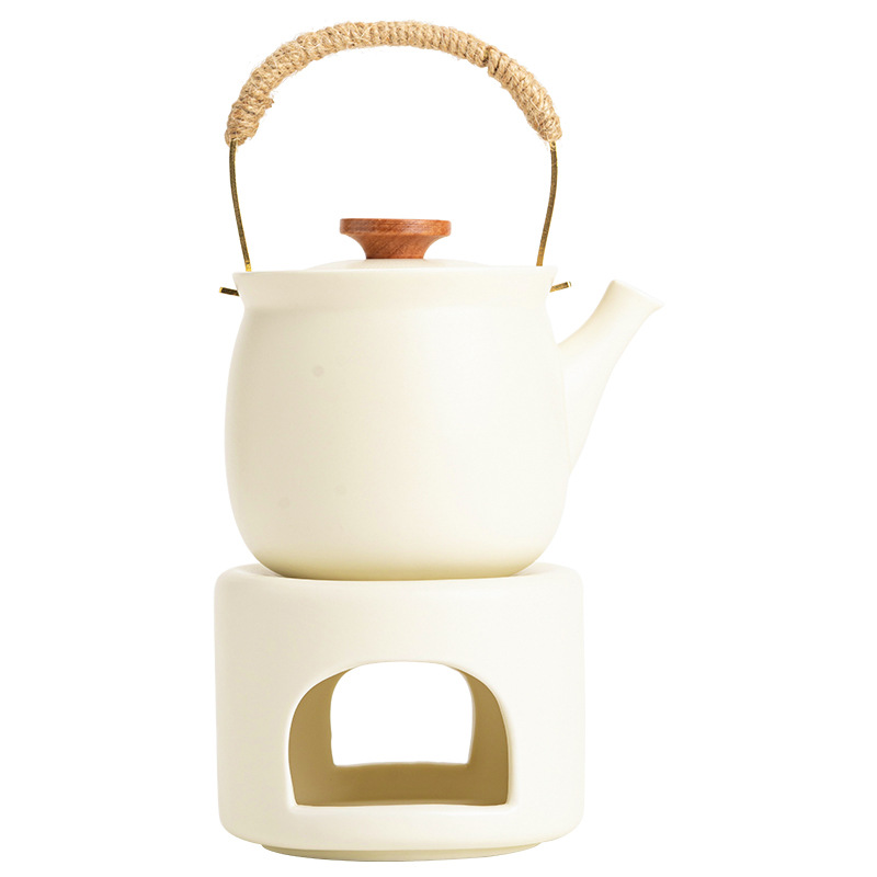 Cream Yellow Teapot Tea Brewer Set Stove Candle Heating Ceramic Warm Tea Warm Roasted Tea Stove: Default Title