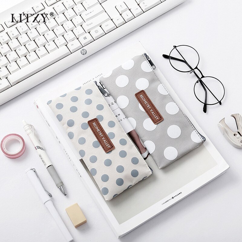 Canvas Pencil Case for School Cute Pen Bag Simple Striped Grid Pencilcase Pen Box Stationery Pouch School Office Supplies