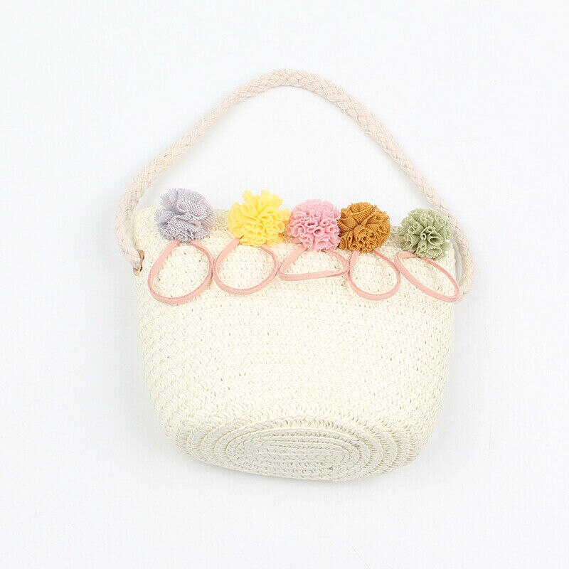 Nyeste baby piger boheme stil rattan strå taske vævet rund håndtaske blomst crossbody messenger tasker strand sommer tasker: Mælkehvid