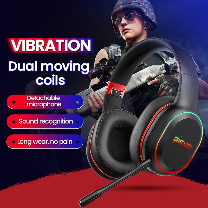 Picun P80S Bluetooth Wireless & Wired Oortelefoon Gaming Hifi Led Licht Sterke Bas Stereo Headset Met Microfoon Mobiele Games Hoofdtelefoon