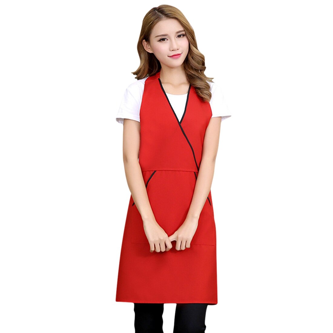 Denim Kitchen Aprons for Chef Work Clothes Cooking Baking Bar Apron with Pockets Cafes Beauty Nails Bibs Studios Uniform: Red Apron