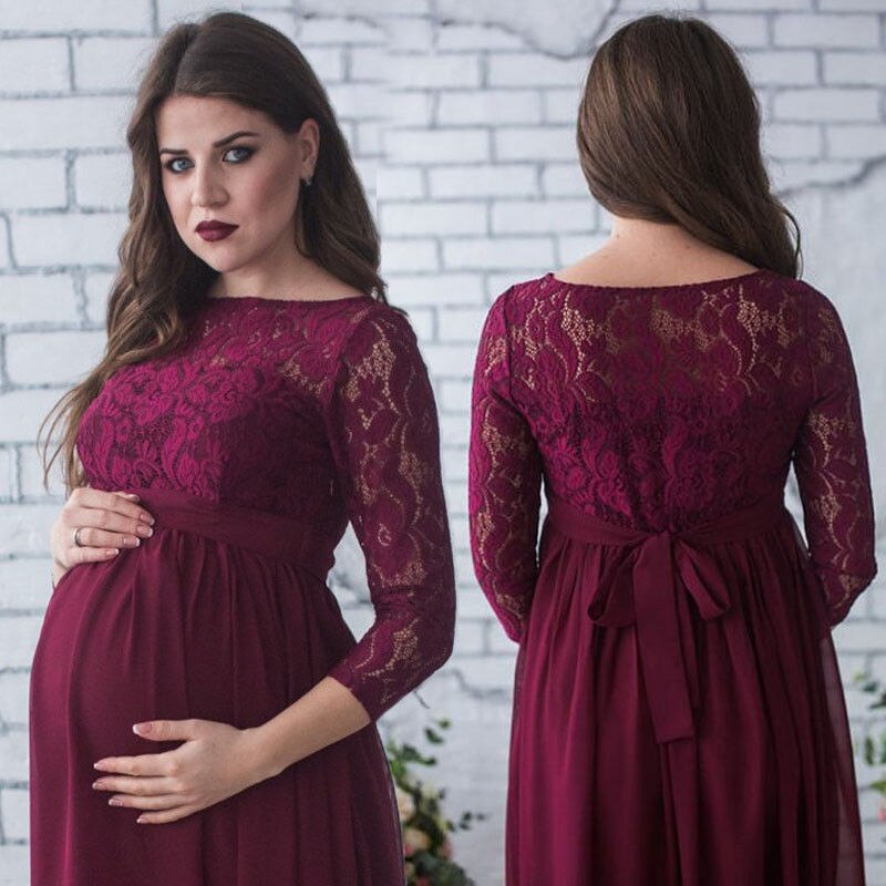 Gravid mor kjole barsel fotografering rekvisitter kvinder graviditet tøj blonder kjole til gravid fotografering tøj: Rødvin / S