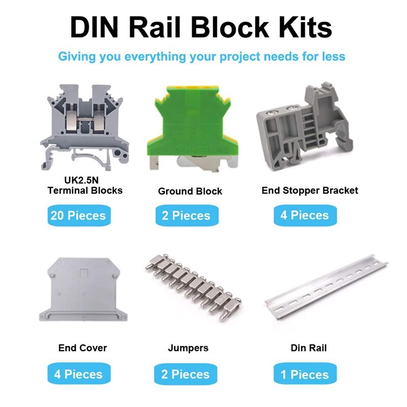 Din Rail Terminal Blocks Kit Uk-2.5N 12 Awg Terminal Blocks Ground Blocks Fixed Bridge Jumpers E/Uk End Brackets Uk-2.5Bg End Co
