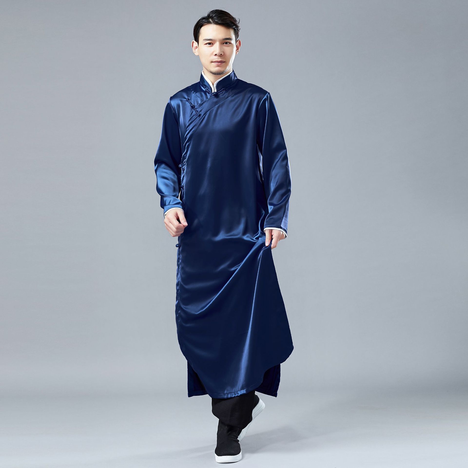 IEFB /men's wear spring satin gown robe Chinese style national costume long sleeve vent hem clothes 9Y1242: Hide blue / L