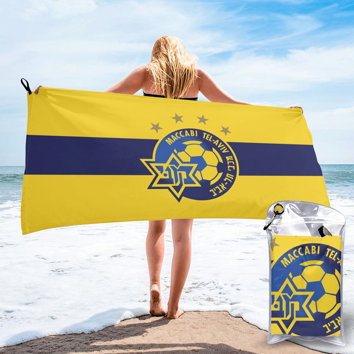 Izrael Maccabi Tel Aviv Fc szybkoschnący ręcznik kąpielowy ręcznik plażowy może być używany do Camping Fitness, szybkoschnący składany saszetka na pasek: 1 / 160cmx80cm