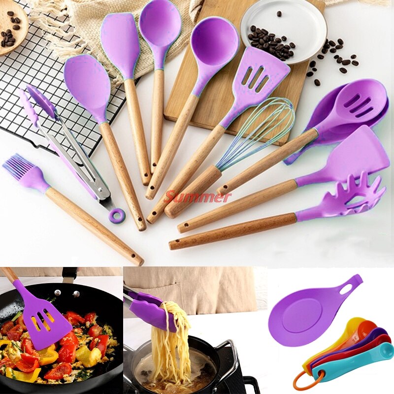Purple Silicone Cooking Utensils Set Non-stick Spatula Shovel Wooden Handle Cooking Tools Set Special Heat-resistant