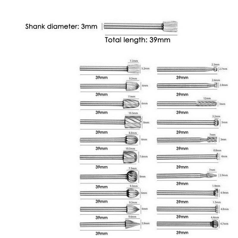 HSS Routing Router Bits Burr Set 3mm 1/8 Inch Shank for Woodworking Drilling Metal Wood Carving Engraving 20Pcs