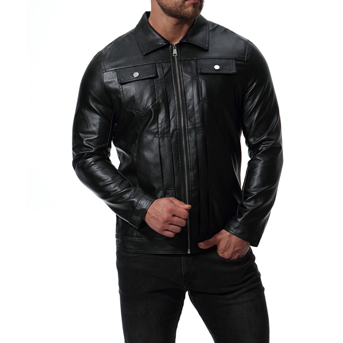 Outono água lavagem motociclista jaqueta preto turn-down collar jaquetas de couro falso