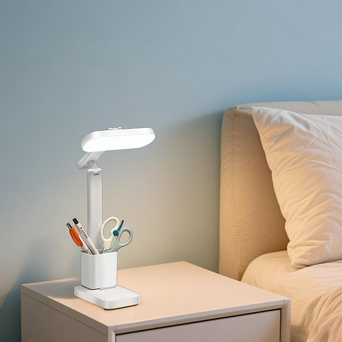 Zusammenklappbare LED-schreibtischlampe mit augenschonendem licht, 3 farbmodi, dimmbar, Ideal zum lesen, lernen und für büroarbeiten, mit stifthalter