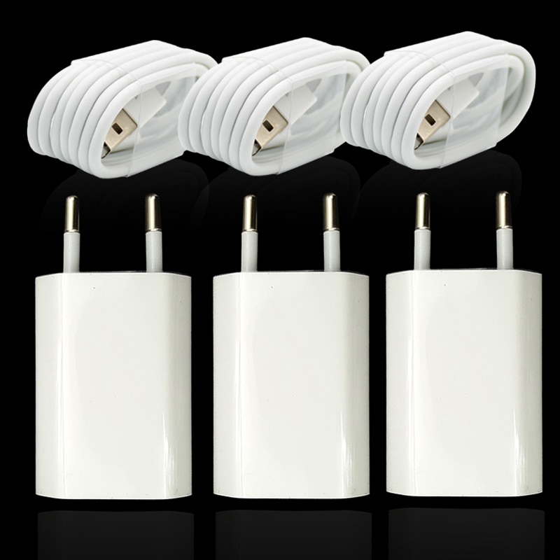 3 Set/partij Eu Plug Muur Ac Usb Charger Voor Iphone 8 Pin Usb Oplaadkabel + Travel Charger Adapter Voor apple Iphone 5 5S 6 6S 7