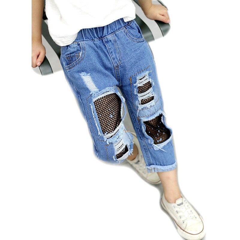 Girls Ripped Jeans Children Spring Summer Fall Korean Style Clothes Toddler Trousers Kids Cotton Nets Cropped Denim Pants