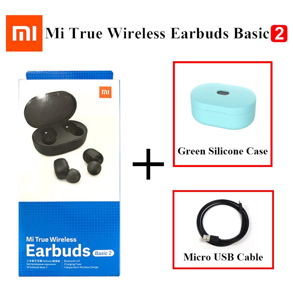 Xiaomi-auriculares Airdots 2 TWS versión Global, auriculares inalámbricos originales con Bluetooth 5,0, auriculares estéreo Mi True Wireless 2, TWSEJ061LS: Add USB Green Case