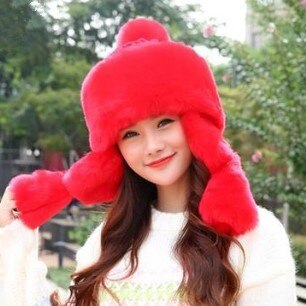 Thick warm fluff Bomber hats for women winter Chapeau chaud cute ethnic style women anti-cold earmuffs hat women&#39;s hat: red