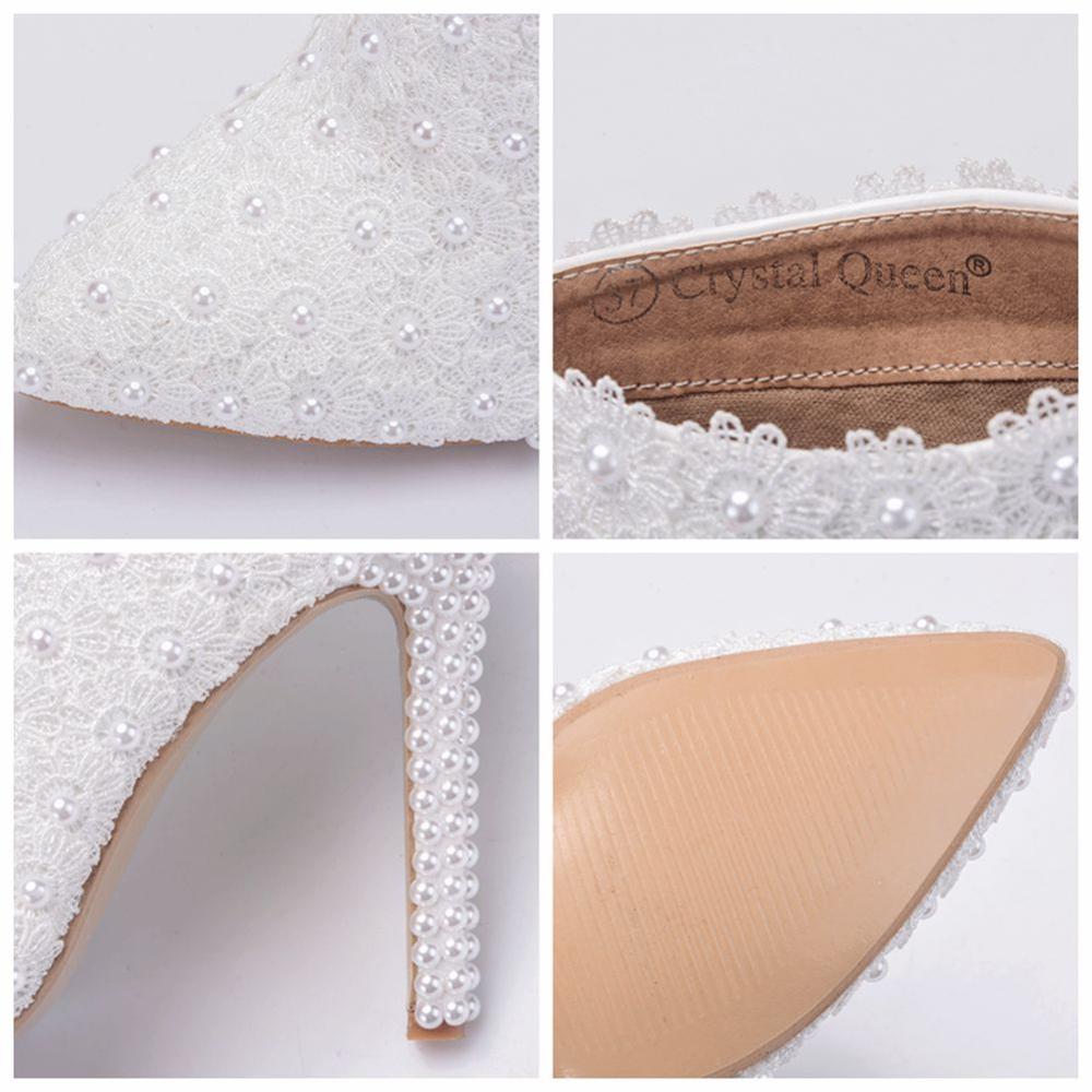 Botas de cuero de tacón alto para mujer, botines puntiagudos de encaje de perlas, zapatos de boda, botas cortas blancas de tacón de perla para primavera y otoño