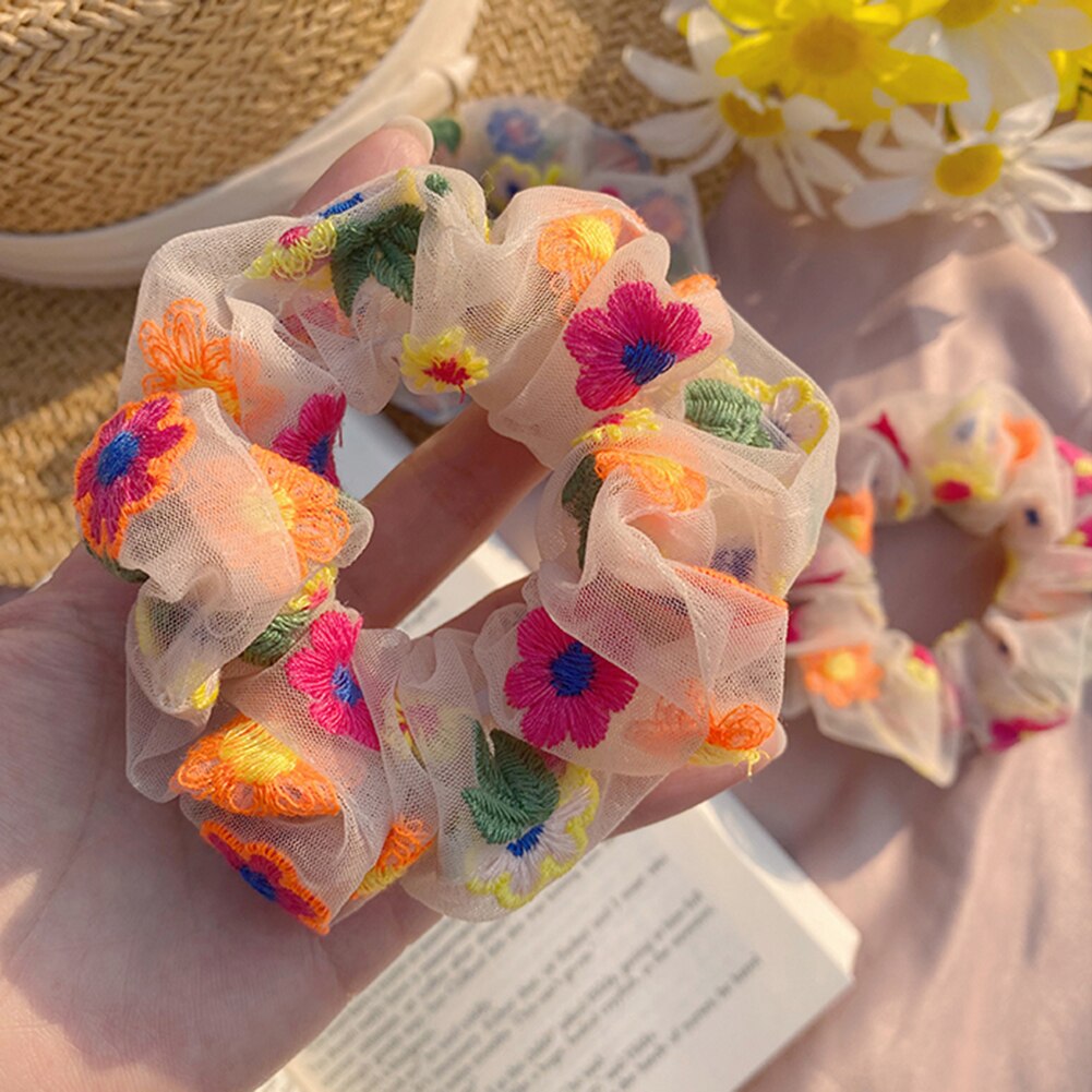 Daisy bandas elásticas para el cabello Scrunchie mujeres de malla, bordado Floral diademas para cabello para niñas Tie accesorios para el cabello, cuerda: Default Title