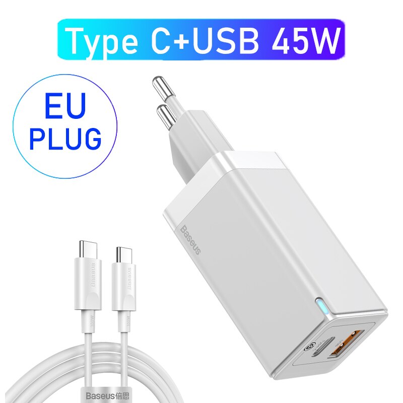 Baseus Gan Lader 45W Pd Usb Charger Quick Charge 4.0 3.0 Dual Usb Telefoon Oplader Forip Voor Huawei Mate 10 Voor Samsung Laptop: 1C1U White EU