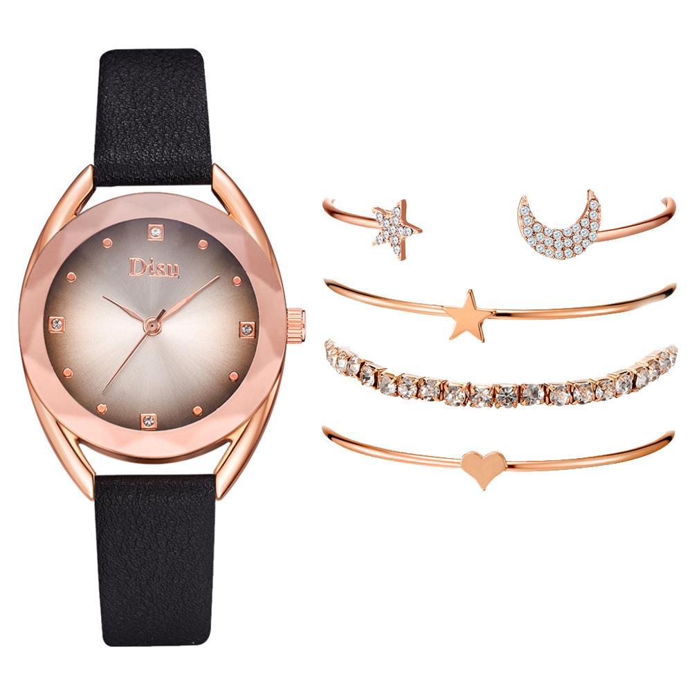 Set leren horlogebanden voor dames, casual dameshorloge met gradiënt wijzerplaat en armbandhorlogeset: Zwarte set van 5 stuks