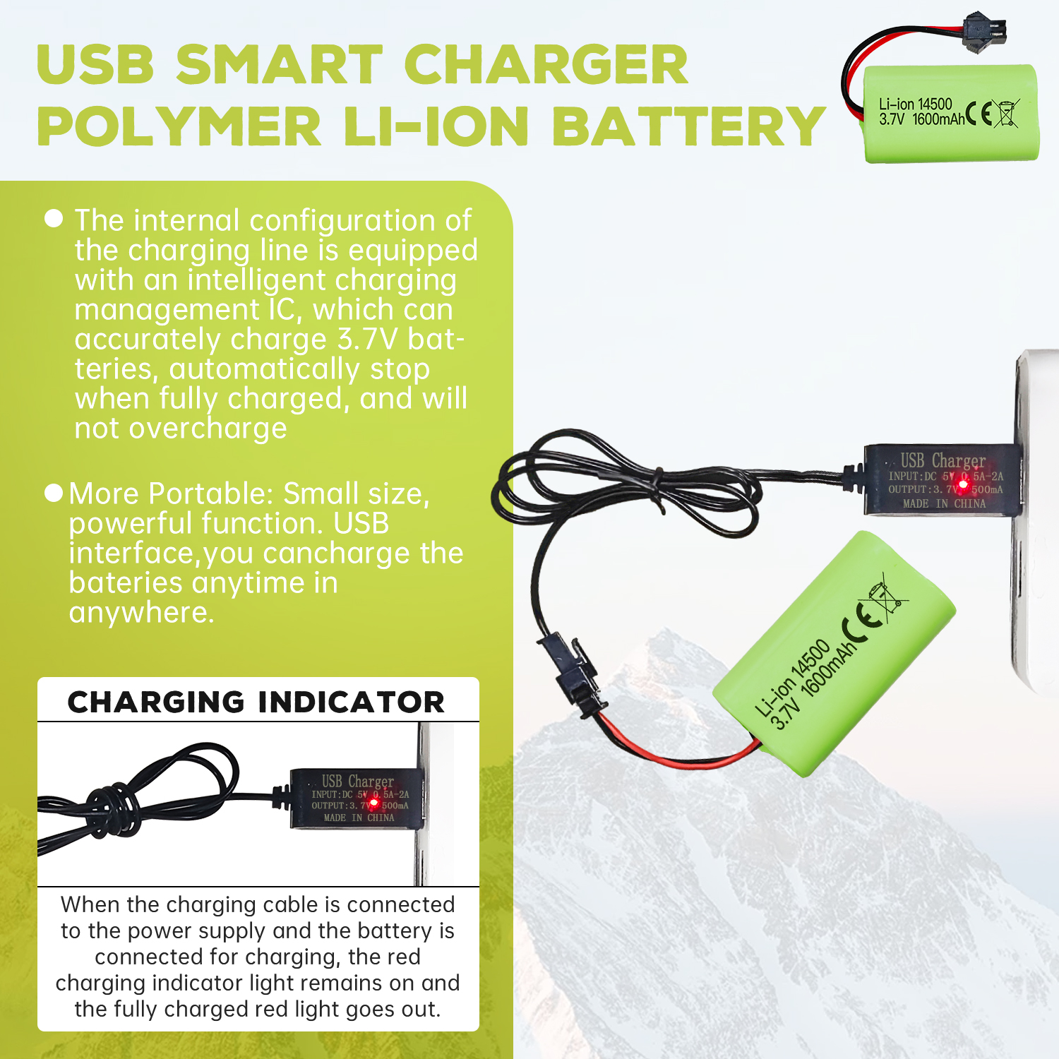 3.7V 1600mAh Li-ion Battery SM-2P Plug with USB Charging Cable for 9962 8837 RC Toy Car,Engineering Vehicle,Truck Backup Battery