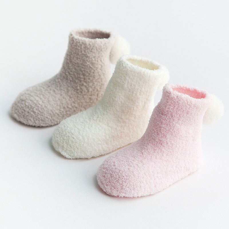 3 paire/lot hiver -né bébé chaussettes corail polaire bébé garçon fille chaussettes avec pompon couleur unie infantile chaussettes: style 2