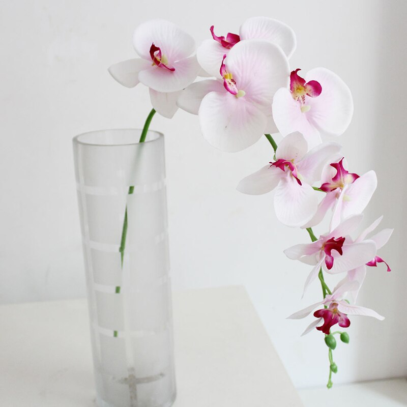 Konstgjord plast fjäril orkidé siden blomma hem bröllop dekoration prydnad enda 9- blomma phalaenopsis konstgjord blomma: Rosa