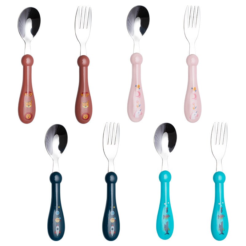 Juego de cuchara y tenedor para bebé, cubiertos de acero inoxidable de seguridad para alimentación de niños, utensilio de dibujos animados, vajilla infantil, 2 piezas